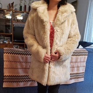 Luxurious Blanc Noir beige cream faux fur mid length coat small size